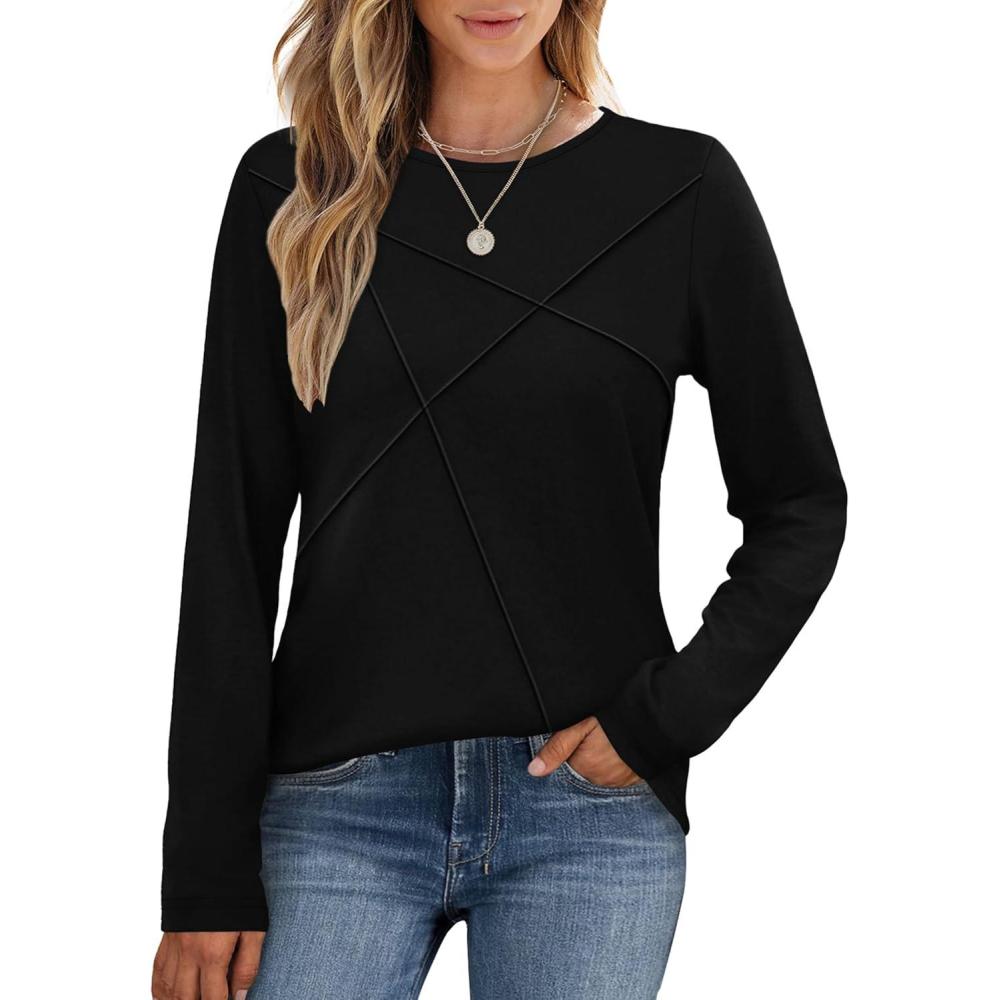 imageXIEERDUO Long Sleeve Shirts for Women Business Casual Tops Trendy Crewneck Fall T Shirts Pleated Loose FitBlack