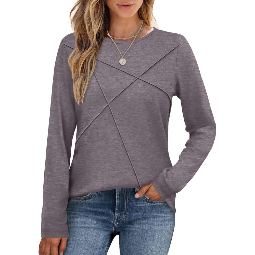 imageXIEERDUO Long Sleeve Shirts for Women Business Casual Tops Trendy Crewneck Fall T Shirts Pleated Loose FitCoffee Grey