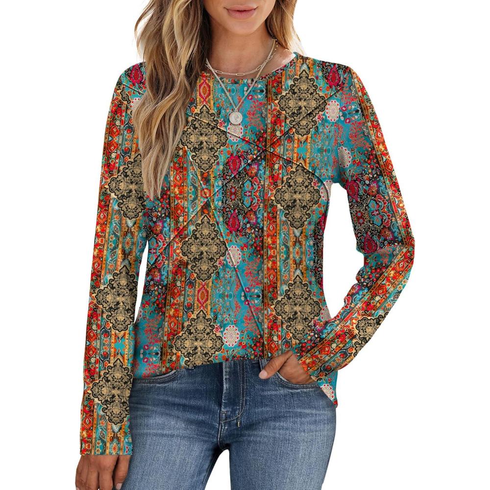 imageXIEERDUO Long Sleeve Shirts for Women Business Casual Tops Trendy Crewneck Fall T Shirts Pleated Loose FitD Colorful Boho