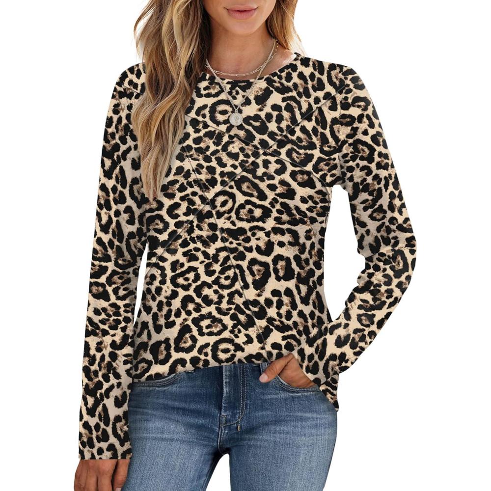 imageXIEERDUO Long Sleeve Shirts for Women Business Casual Tops Trendy Crewneck Fall T Shirts Pleated Loose FitD Leopard