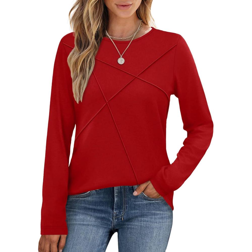 imageXIEERDUO Long Sleeve Shirts for Women Business Casual Tops Trendy Crewneck Fall T Shirts Pleated Loose FitRed