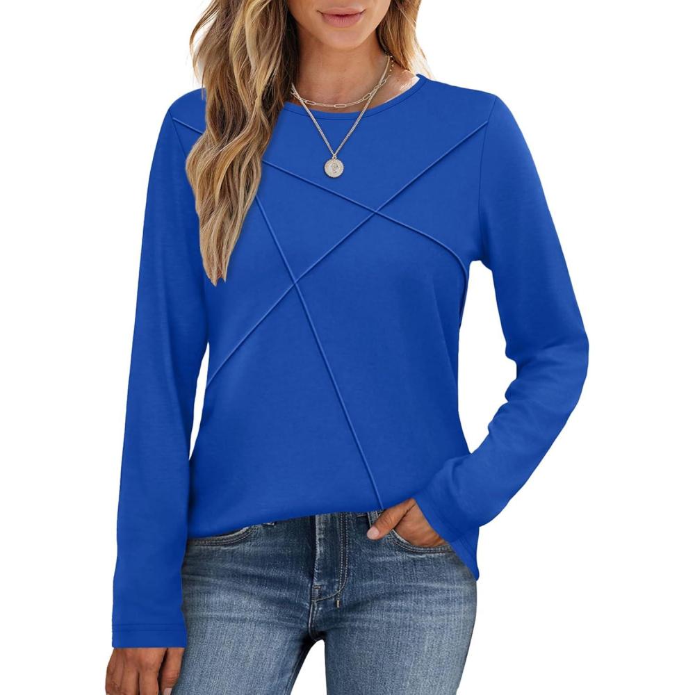 imageXIEERDUO Long Sleeve Shirts for Women Business Casual Tops Trendy Crewneck Fall T Shirts Pleated Loose FitRoyal Blue