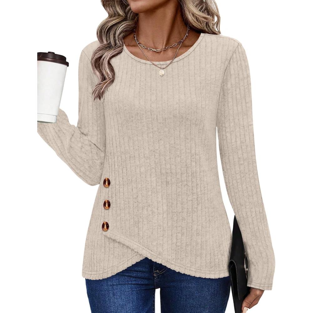 imageXIEERDUO Tunic Sweaters for Women Long Sleeve Shirts Crew Neck Tops with Buttons Fall Fashion Outfits Winter ClothingBeige