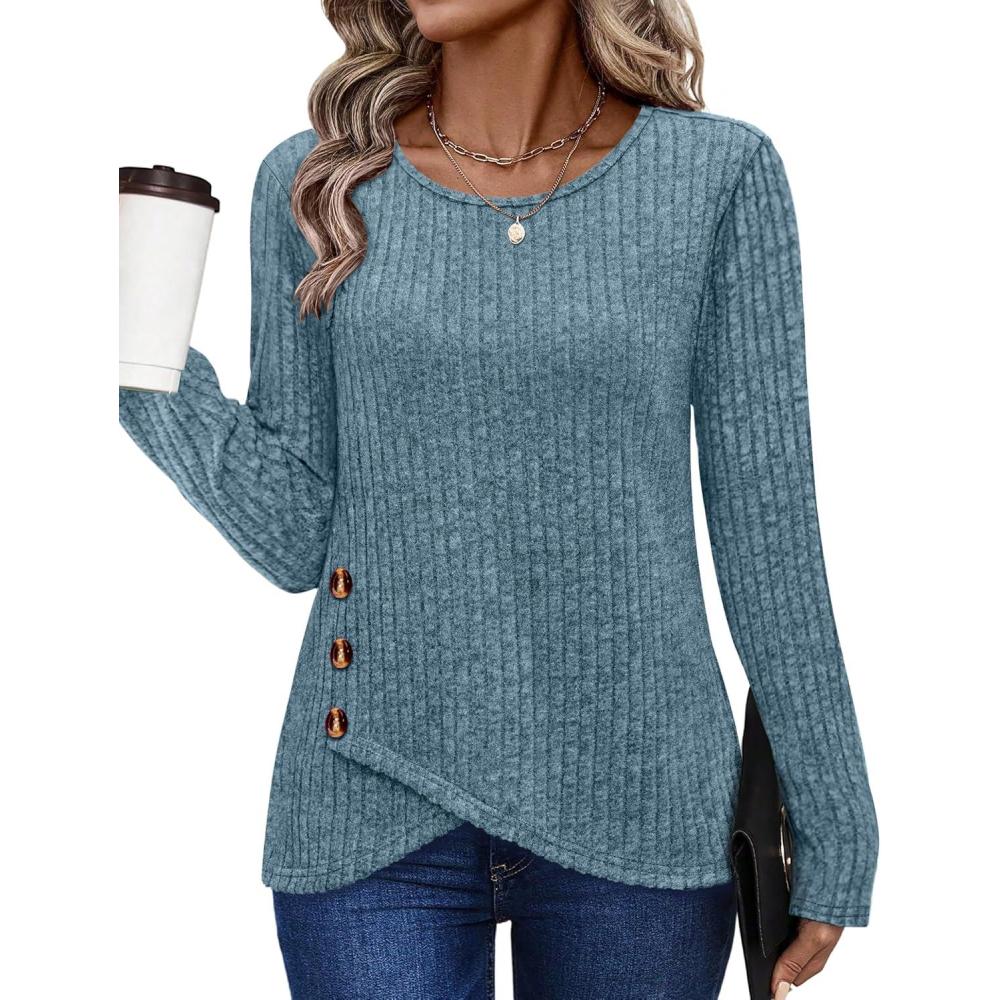 imageXIEERDUO Tunic Sweaters for Women Long Sleeve Shirts Crew Neck Tops with Buttons Fall Fashion Outfits Winter ClothingBlue