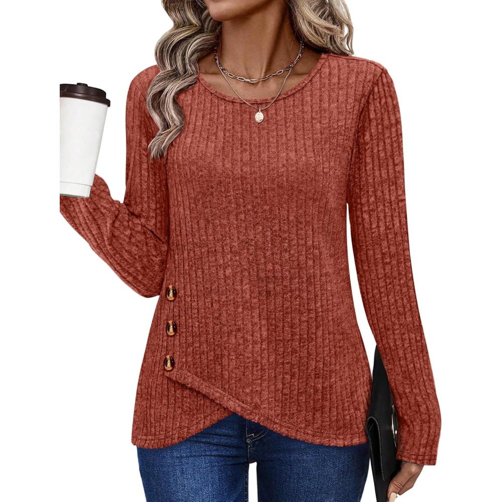 imageXIEERDUO Tunic Sweaters for Women Long Sleeve Shirts Crew Neck Tops with Buttons Fall Fashion Outfits Winter ClothingCaramel
