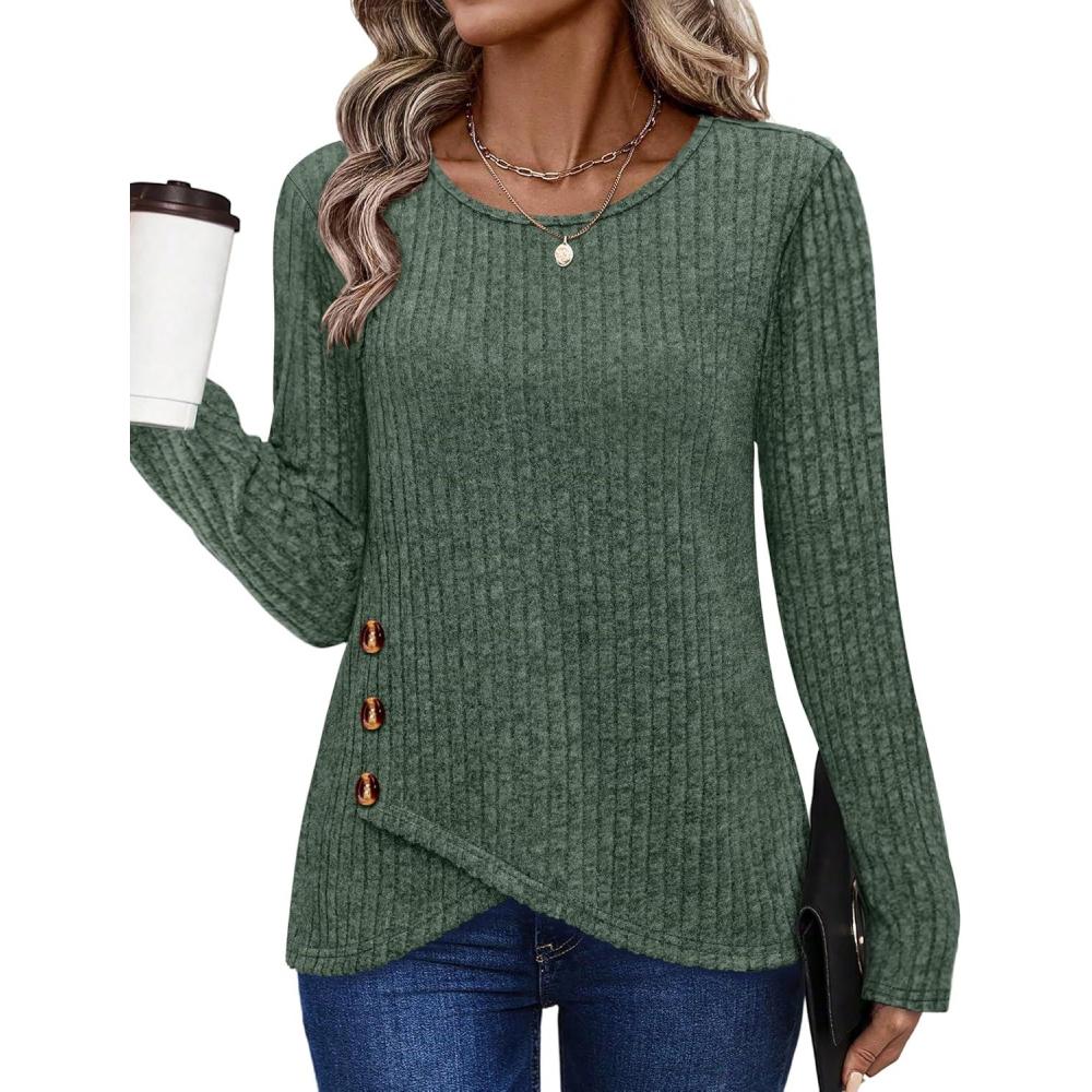 imageXIEERDUO Tunic Sweaters for Women Long Sleeve Shirts Crew Neck Tops with Buttons Fall Fashion Outfits Winter ClothingGreen