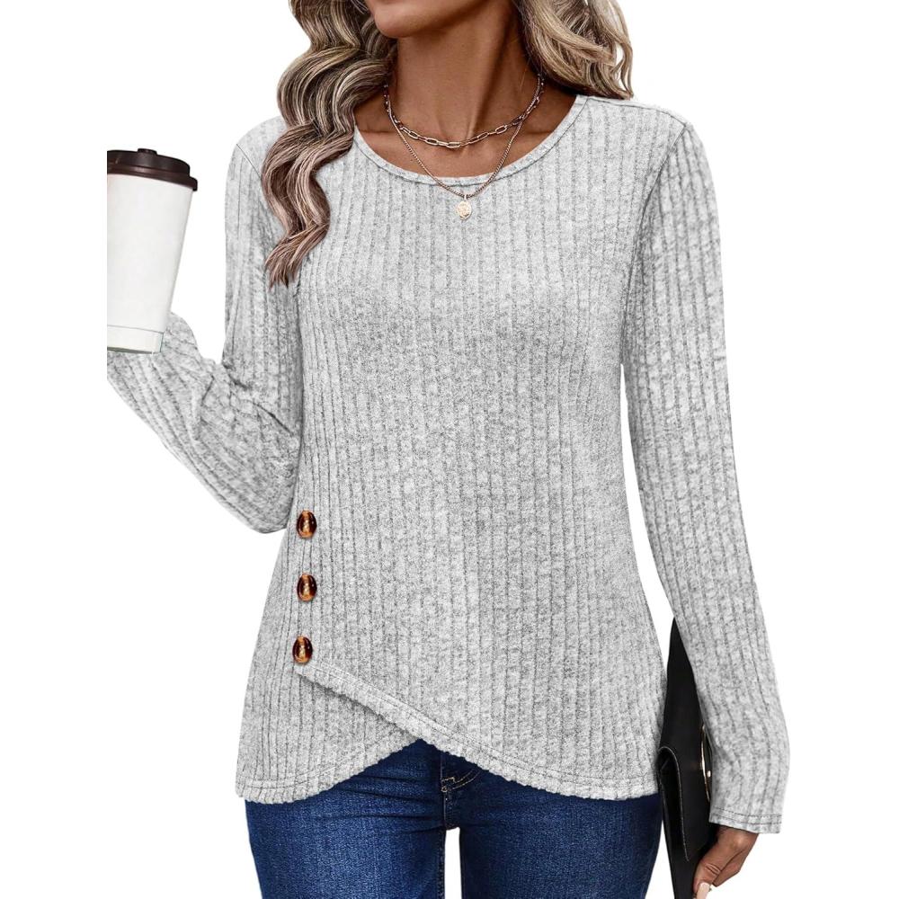 imageXIEERDUO Tunic Sweaters for Women Long Sleeve Shirts Crew Neck Tops with Buttons Fall Fashion Outfits Winter ClothingGrey
