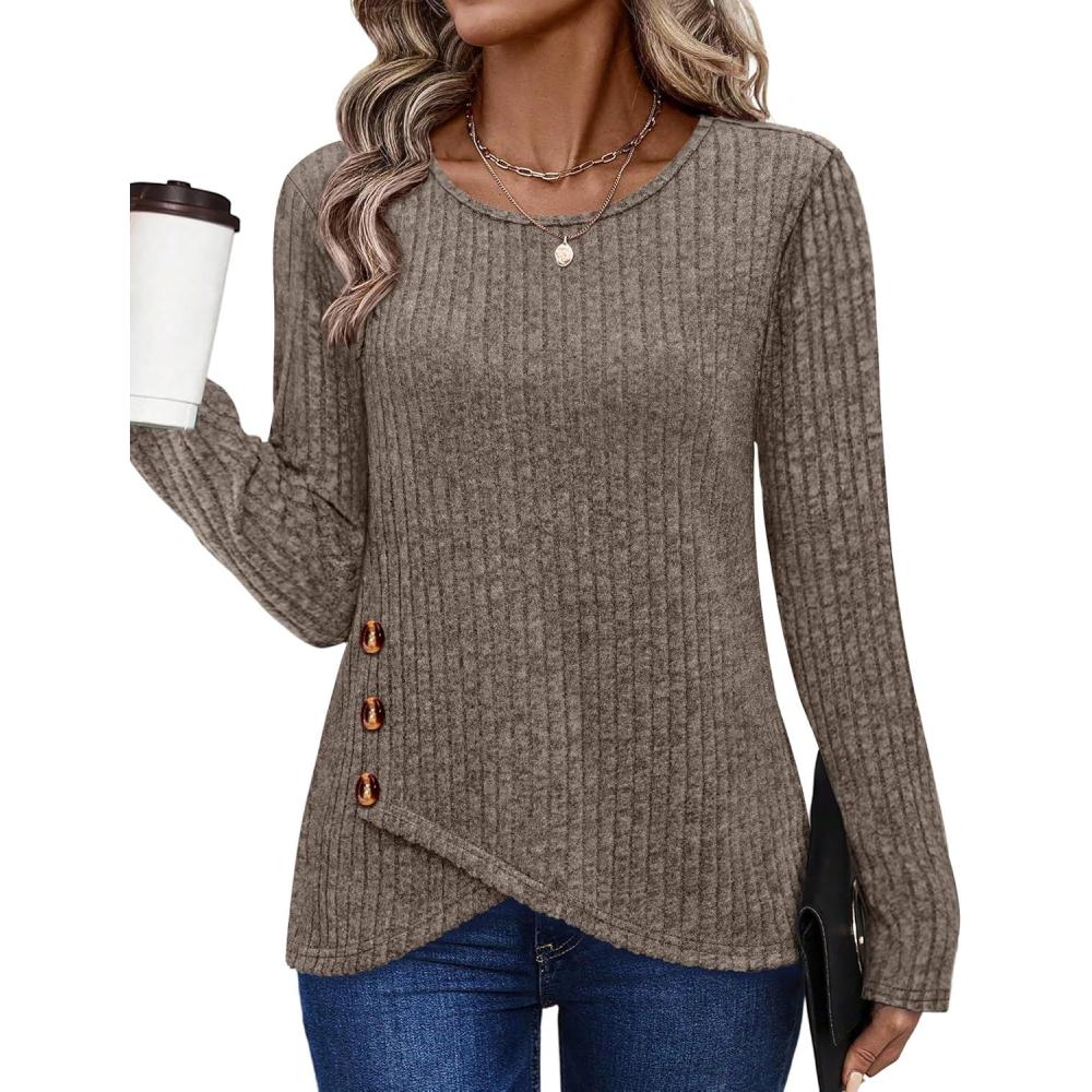 imageXIEERDUO Tunic Sweaters for Women Long Sleeve Shirts Crew Neck Tops with Buttons Fall Fashion Outfits Winter ClothingKhaki