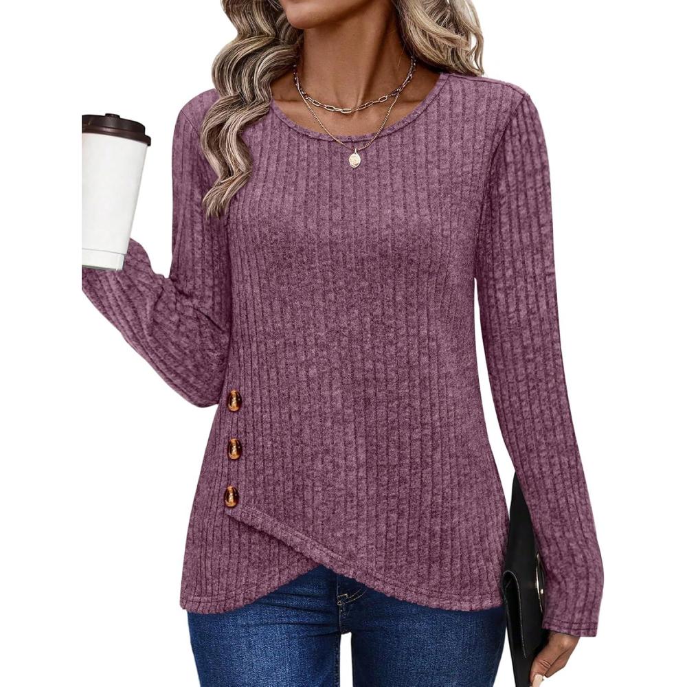 imageXIEERDUO Tunic Sweaters for Women Long Sleeve Shirts Crew Neck Tops with Buttons Fall Fashion Outfits Winter ClothingPurple