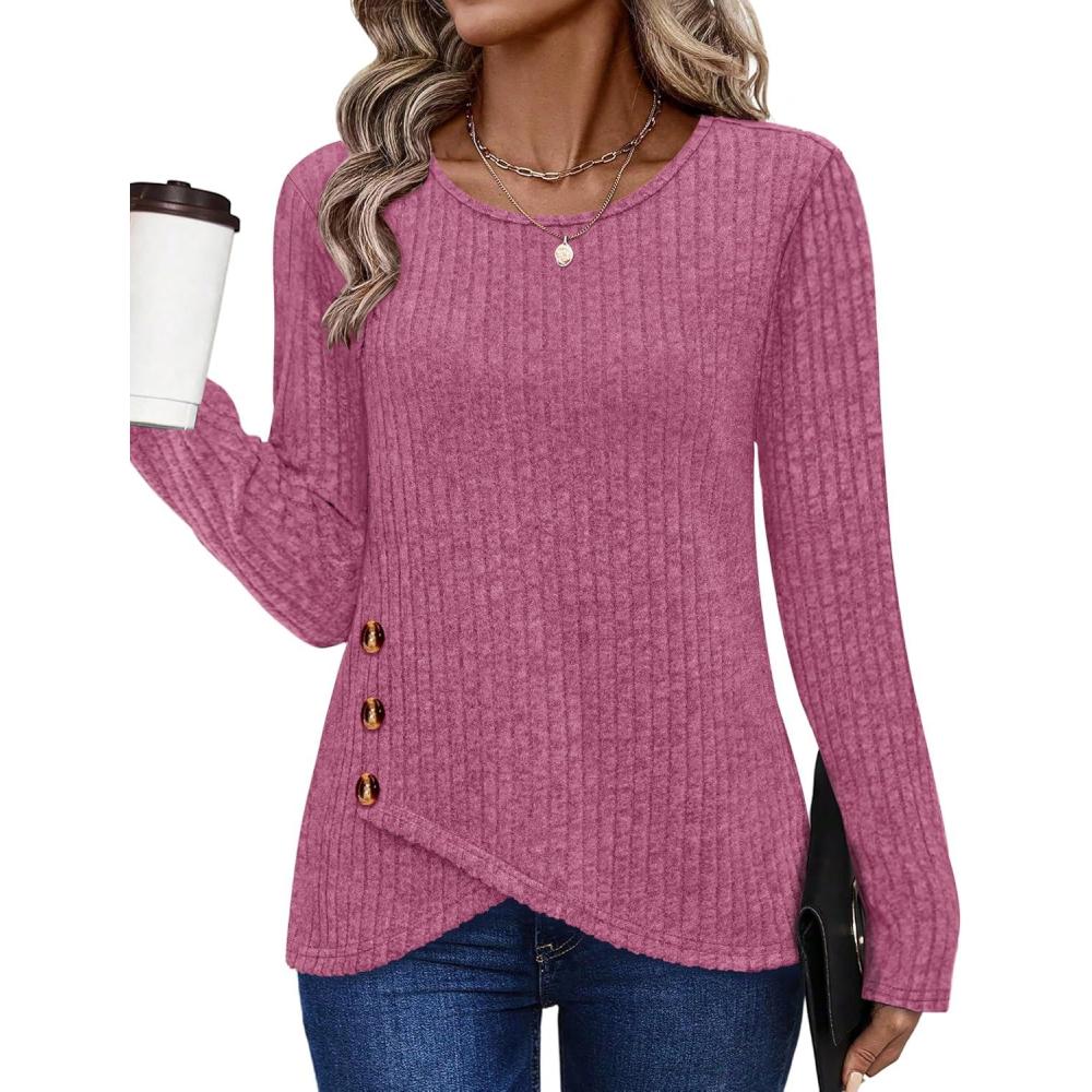 imageXIEERDUO Tunic Sweaters for Women Long Sleeve Shirts Crew Neck Tops with Buttons Fall Fashion Outfits Winter ClothingPurple Red
