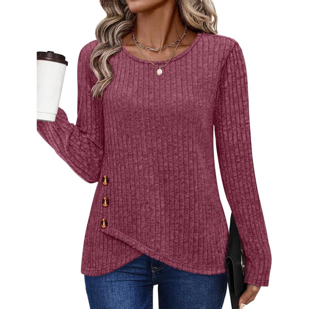 imageXIEERDUO Tunic Sweaters for Women Long Sleeve Shirts Crew Neck Tops with Buttons Fall Fashion Outfits Winter ClothingRed