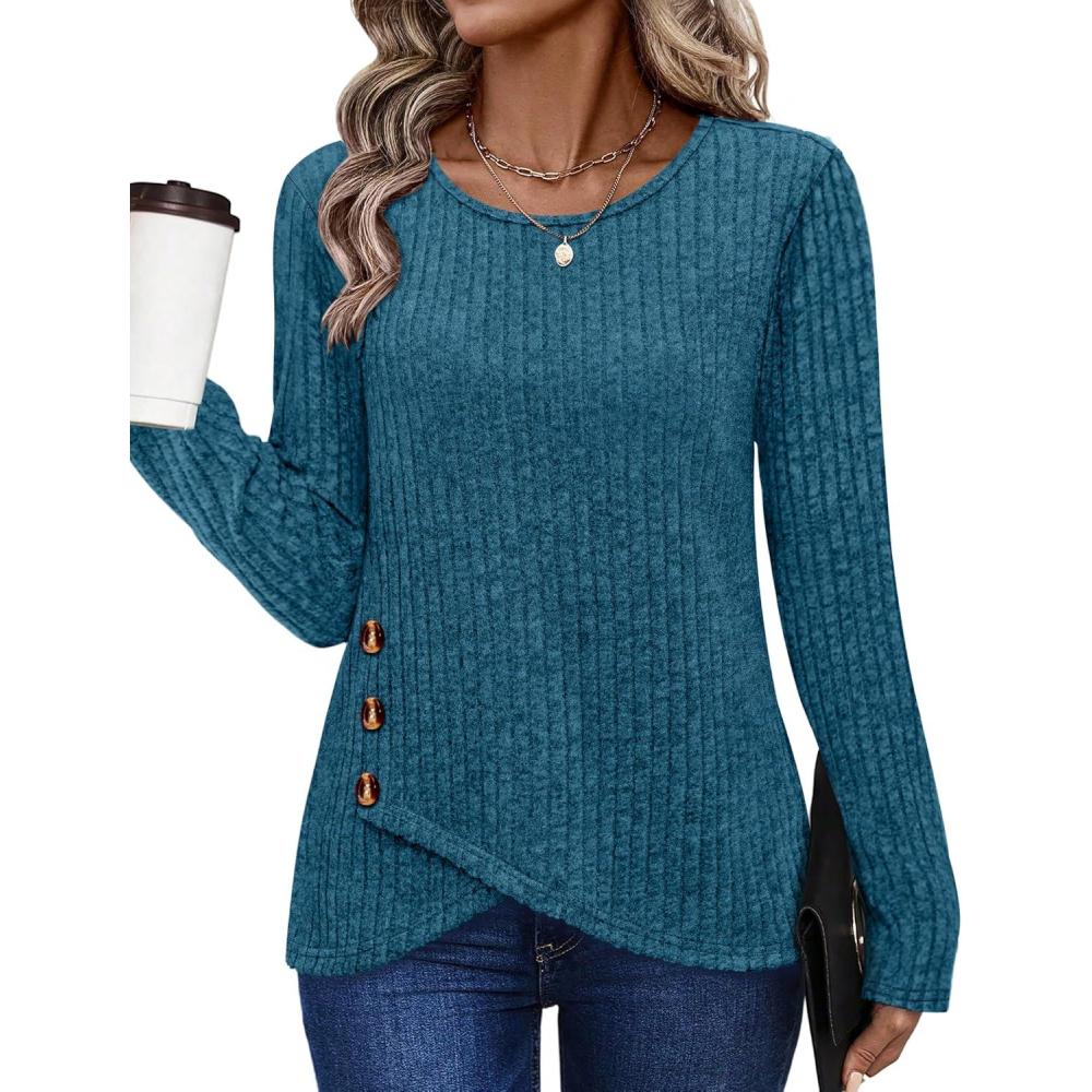 imageXIEERDUO Tunic Sweaters for Women Long Sleeve Shirts Crew Neck Tops with Buttons Fall Fashion Outfits Winter ClothingRoyal Blue