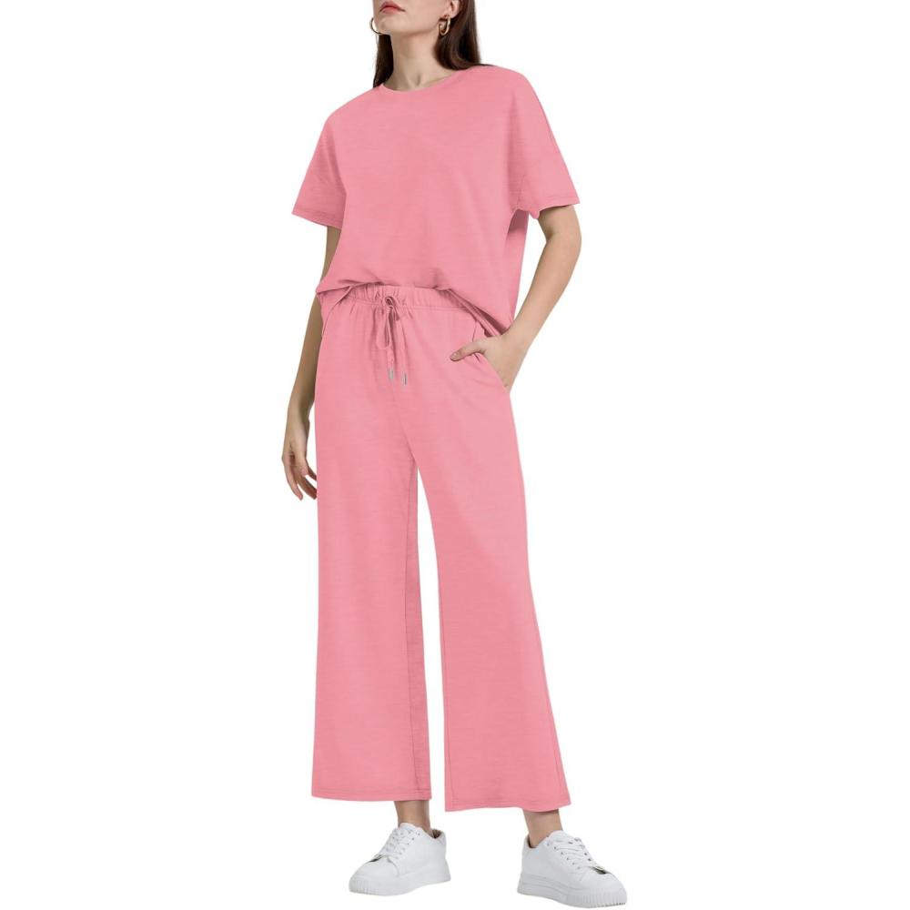 imageXIEERDUO Womens 2 Piece Outfits For Women Loose Pajamas Pullover Tops And Wide Leg Pants Lounge Sets Tracksuit Sweatsuit06lightcoral