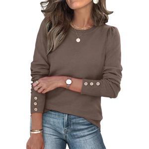 Womens Sweaters Fall Fashion 2025 Long Sleeve Button Cuff Soft Knit Pullover Trendy Tops Dressy Casual Blouses(Brown)