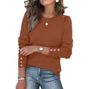 Womens Sweaters Fall Fashion 2025 Long Sleeve Button Cuff Soft Knit Pullover Trendy Tops Dressy Casual Blouses(Caramel)
