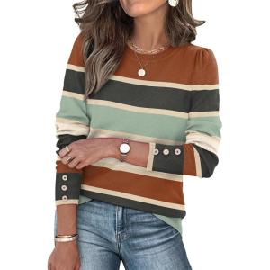 Womens Sweaters Fall Fashion 2025 Long Sleeve Button Cuff Soft Knit Pullover Trendy Tops Dressy Casual Blouses(Stripe)