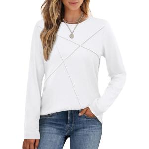 XIEERDUO Long Sleeve Shirts for Women Business Casual Tops Trendy Crewneck Fall T Shirts Pleated Loose Fit(A White)