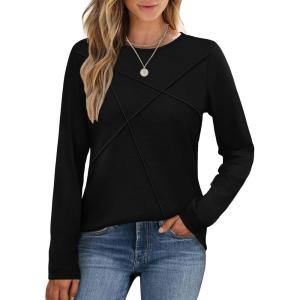 XIEERDUO Long Sleeve Shirts for Women Business Casual Tops Trendy Crewneck Fall T Shirts Pleated Loose Fit(Black)