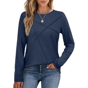 XIEERDUO Long Sleeve Shirts for Women Business Casual Tops Trendy Crewneck Fall T Shirts Pleated Loose Fit(Blue)
