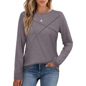XIEERDUO Long Sleeve Shirts for Women Business Casual Tops Trendy Crewneck Fall T Shirts Pleated Loose Fit(Coffee Grey)