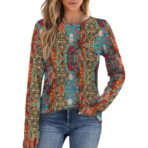 XIEERDUO Long Sleeve Shirts for Women Business Casual Tops Trendy Crewneck Fall T Shirts Pleated Loose Fit(D Colorful Boho)