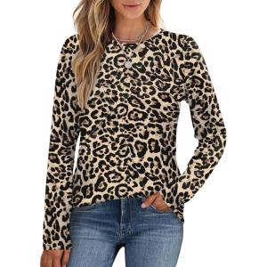 XIEERDUO Long Sleeve Shirts for Women Business Casual Tops Trendy Crewneck Fall T Shirts Pleated Loose Fit(D Leopard)