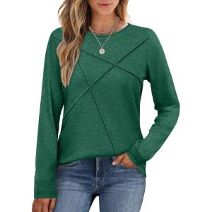 XIEERDUO Long Sleeve Shirts for Women Business Casual Tops Trendy Crewneck Fall T Shirts Pleated Loose Fit(Green)