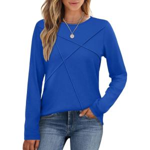 XIEERDUO Long Sleeve Shirts for Women Business Casual Tops Trendy Crewneck Fall T Shirts Pleated Loose Fit(Royal Blue)