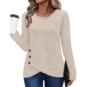 XIEERDUO Tunic Sweaters for Women Long Sleeve Shirts Crew Neck Tops with Buttons Fall Fashion Outfits Winter Clothing(Beige)