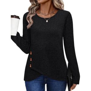 XIEERDUO Tunic Sweaters for Women Long Sleeve Shirts Crew Neck Tops with Buttons Fall Fashion Outfits Winter Clothing(Black)