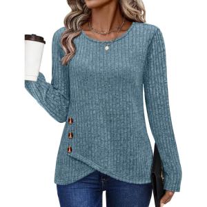 XIEERDUO Tunic Sweaters for Women Long Sleeve Shirts Crew Neck Tops with Buttons Fall Fashion Outfits Winter Clothing(Blue)