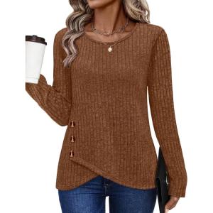 XIEERDUO Tunic Sweaters for Women Long Sleeve Shirts Crew Neck Tops with Buttons Fall Fashion Outfits Winter Clothing(Dark Caramel)