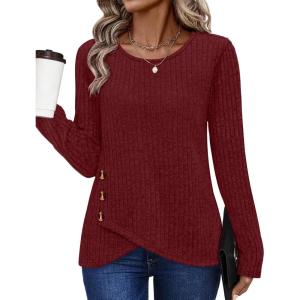 XIEERDUO Tunic Sweaters for Women Long Sleeve Shirts Crew Neck Tops with Buttons Fall Fashion Outfits Winter Clothing(Deep Red)