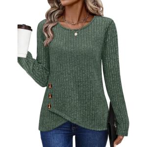 XIEERDUO Tunic Sweaters for Women Long Sleeve Shirts Crew Neck Tops with Buttons Fall Fashion Outfits Winter Clothing(Green)
