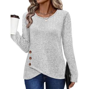 XIEERDUO Tunic Sweaters for Women Long Sleeve Shirts Crew Neck Tops with Buttons Fall Fashion Outfits Winter Clothing(Grey)