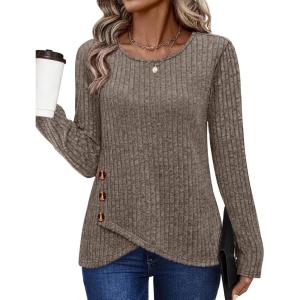 XIEERDUO Tunic Sweaters for Women Long Sleeve Shirts Crew Neck Tops with Buttons Fall Fashion Outfits Winter Clothing(Khaki)