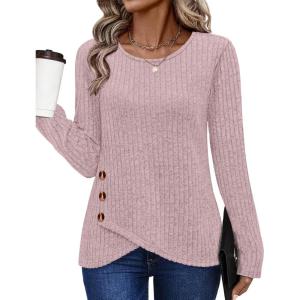 XIEERDUO Tunic Sweaters for Women Long Sleeve Shirts Crew Neck Tops with Buttons Fall Fashion Outfits Winter Clothing(Pinkish Purple)
