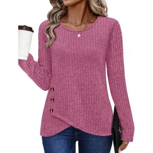 XIEERDUO Tunic Sweaters for Women Long Sleeve Shirts Crew Neck Tops with Buttons Fall Fashion Outfits Winter Clothing(Purple Red)