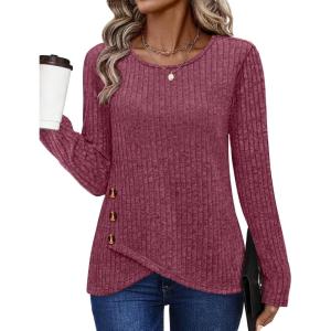 XIEERDUO Tunic Sweaters for Women Long Sleeve Shirts Crew Neck Tops with Buttons Fall Fashion Outfits Winter Clothing(Red)