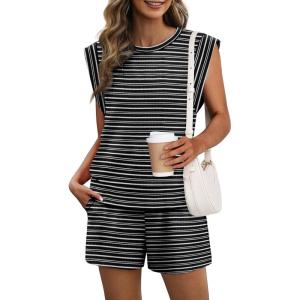 XIEERDUO Women’s 2 Piece Cap Sleeve Short Sets Fashion Travel Outfits Comfy Airport Lounge Set Loose Loungewear(Z Black Stripe)
