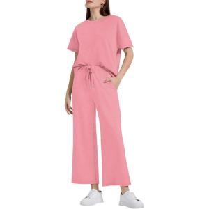 XIEERDUO Women’s 2 Piece Outfits For Women Loose Pajamas Pullover Tops And Wide Leg Pants Lounge Sets Tracksuit Sweatsuit(06-lightcoral)