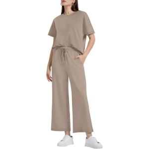 XIEERDUO Women’s 2 Piece Outfits For Women Loose Pajamas Pullover Tops And Wide Leg Pants Lounge Sets Tracksuit Sweatsuit(08-khaki)