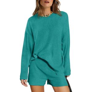 XIEERDUO Womens Sweater Sets 2 Piece Outfits Shorts Athleisure Lounge Wear Fall Fashion 2024(Y-bluegreen)