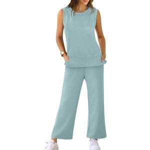 XIEERDUO Women’s Two Piece Lounge Sets Sleeveless Crewneck Wide Leg Tracksuits 2 Piece Summer Travel Outfits Casual Loungewear Casual Spring M