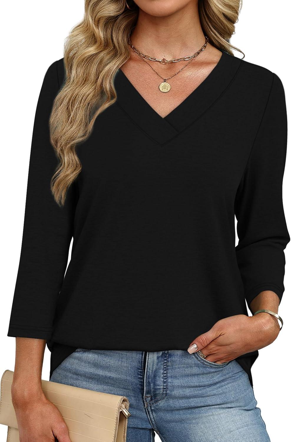 imageXIEERDUO 34 Length Sleeve Womens Tops V Neck Fall Clothes Basic Blouses Dressy Casual 2025 Early Fall Fashion Must HavesBlack
