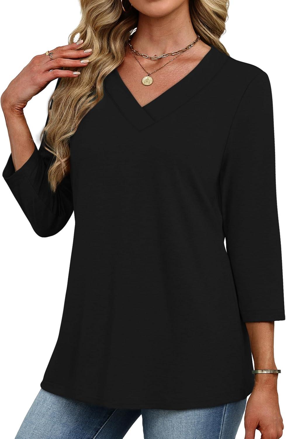imageXIEERDUO 34 Length Sleeve Womens Tops V Neck Fall Clothes Basic Blouses Dressy Casual 2025 Early Fall Fashion Must HavesBlack