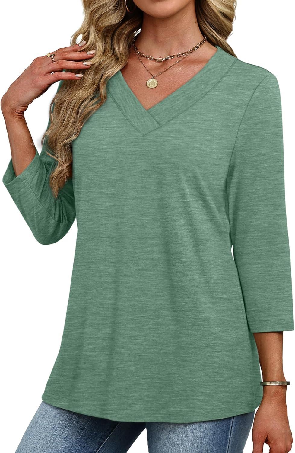 imageXIEERDUO 34 Length Sleeve Womens Tops V Neck Fall Clothes Basic Blouses Dressy Casual 2025 Early Fall Fashion Must HavesBlue Green