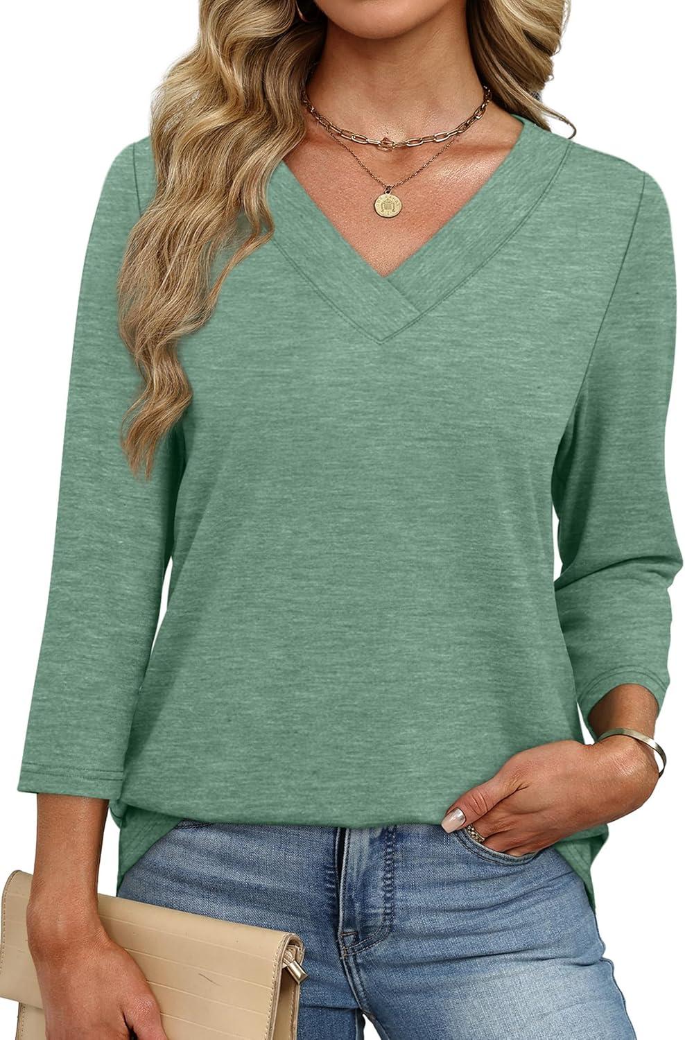 imageXIEERDUO 34 Length Sleeve Womens Tops V Neck Fall Clothes Basic Blouses Dressy Casual 2025 Early Fall Fashion Must HavesBlue Green