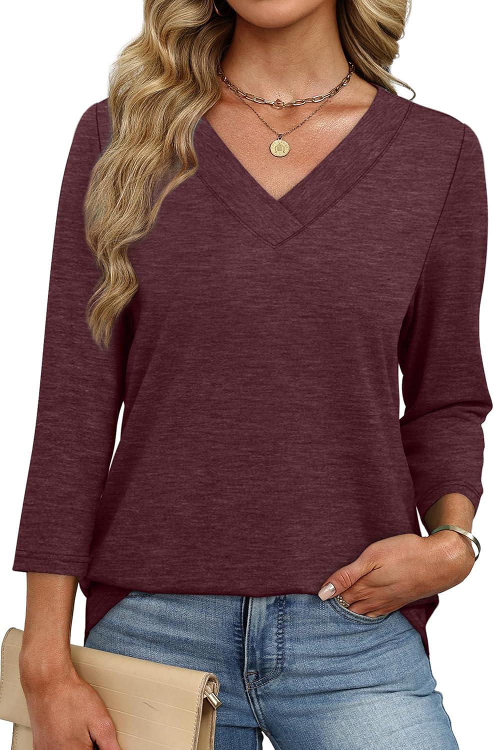 imageXIEERDUO 34 Length Sleeve Womens Tops V Neck Fall Clothes Basic Blouses Dressy Casual 2025 Early Fall Fashion Must HavesBurgundy