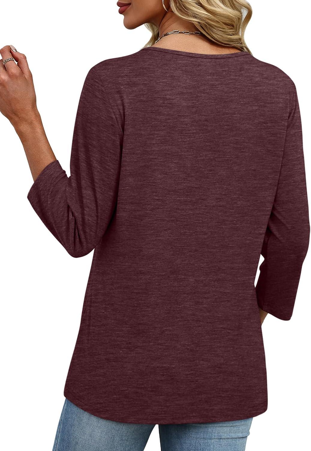 imageXIEERDUO 34 Length Sleeve Womens Tops V Neck Fall Clothes Basic Blouses Dressy Casual 2025 Early Fall Fashion Must HavesBurgundy